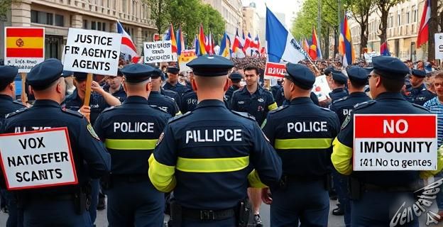 Imagen de un grupo de policías en protesta con carteles que dicen 