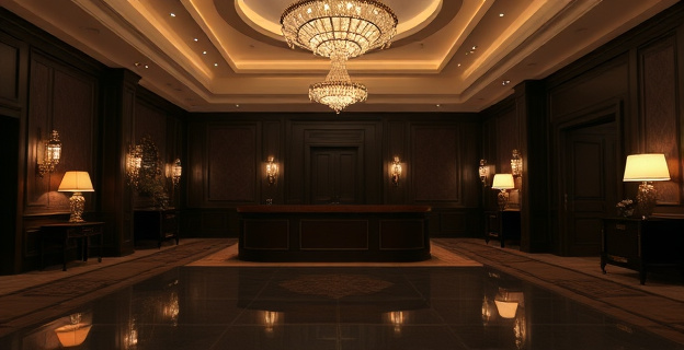 Un hotel de lujo vacío con habitaciones elegantes y una recepción con un mostrador de madera oscura, con un ambiente de misterio y discreción