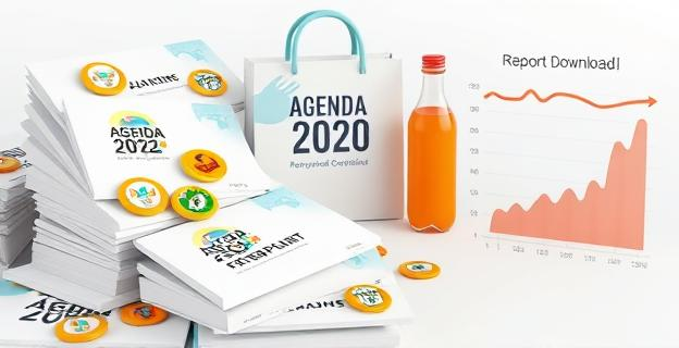 Una pila de informes y material promocional con logotipos de la Agenda 2030, como pines, bolsas de tela reciclada y botellas reutilizables, junto a un gráfico que muestra una baja en las descargas de informes.