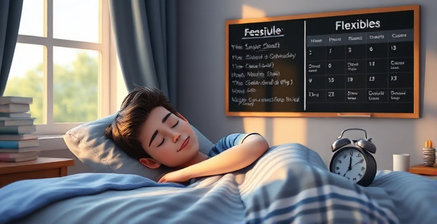 Imagen de un adolescente durmiendo plácidamente en su cama, con una ventana al fondo que deja entrar la luz del amanecer. La habitación está en penumbra, con un reloj despertador en la mesita de noche marcando una hora razonable para levantarse. En el fondo, se ve un horario escolar flexible en una pizarra.