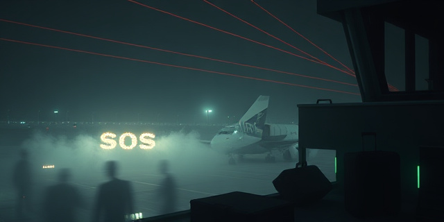 
  Una imagen surrealista de un aeropuerto nocturno en Barajas, visto desde una torre de control abandonada. En primer plano, un avión de Plus Ultra con las luces parpadeando en código morse: ‘SOS’. Alrededor, figuras borrosas (agentes de la Guardia Civil) se desvanecen como humo, mientras maletas diplomáticas sin etiqueta se apilan en una esquina. El cielo está cruzado por líneas rojas que simbolizan expedientes archivados. Estilo: fotografía en blanco y negro con toques de neón verde (como los paneles de control), texturas de papel quemado en los documentos y una sensación de realidad que se deshace.