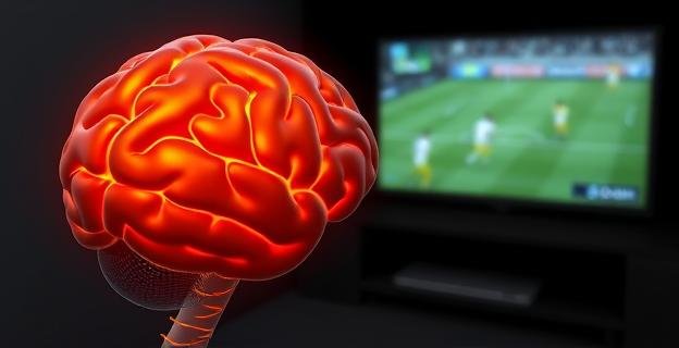 Imagen de un cerebro humano con áreas iluminadas mostrando actividad cerebral intensa mientras se ve un partido de fútbol en una pantalla de televisión al fondo