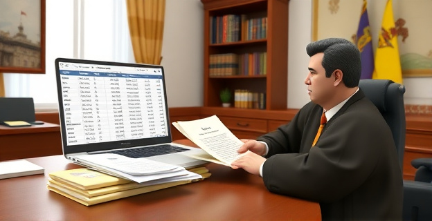 Una escena que muestra un despacho judicial con un juez estudiando documentos relacionados con el Plan Linares Futuro, con carpetas y un ordenador portátil con la pantalla mostrando una hoja de cálculo con grandes cantidades de dinero y nombres de personas. Al fondo, un estante con libros de derecho y una bandera de Andalucía.