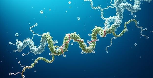 Una representación microscópica de cadenas de polímeros vegetales entrelazadas que se separan y disuelven en un entorno acuático que simula el océano, con partículas de sal visibles y sin dejar residuos. El fondo es un degradado azul profundo que evoca el mar, con delicadas burbujas ascendiendo. La iluminación es suave y resalta la transparencia de las moléculas.