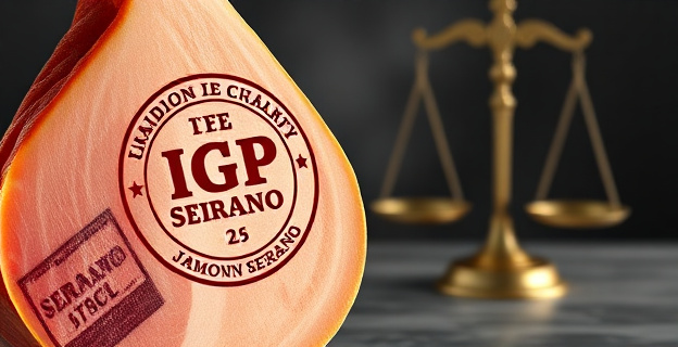 Una imagen que represente un jamón serrano con un sello de calidad cuestionado al fondo, simbolizando la controversia sobre la IGP Jamón Serrano. En el fondo, una balanza de justicia ligeramente inclinada hacia un lado, representando la decisión judicial.