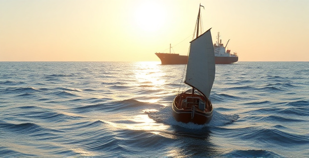 Un velero a la deriva en el mar Mediterráneo siendo rescatado por un gran barco mercante en el horizonte.