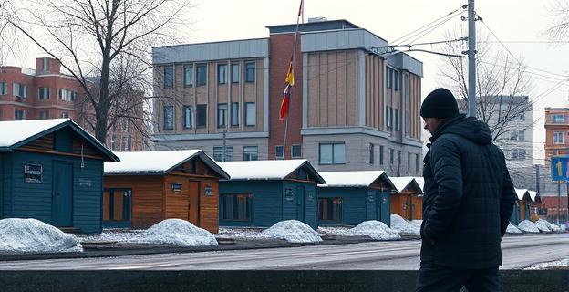 Imagen de un asentamiento ilegal en una ciudad con un edificio municipal al fondo y una persona en situación de calle con ropa de abrigo en primer plano