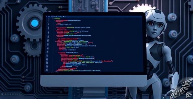 Ilustración de una pantalla de computadora con código abierto y un robot de IA en el fondo, rodeado de engranajes y circuitos