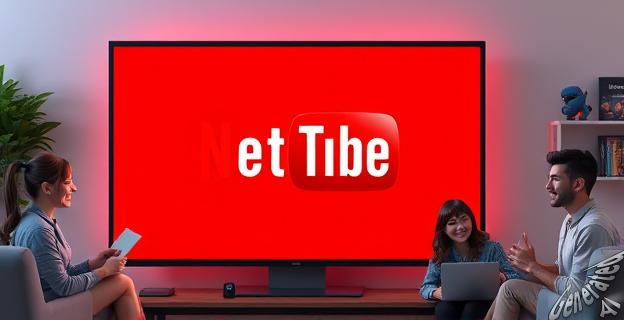 Ilustración de una pantalla de televisión con el logo de Netflix y YouTube en el fondo, con varios creadores de contenido de YouTube sonriendo y trabajando en producciones de alta calidad.