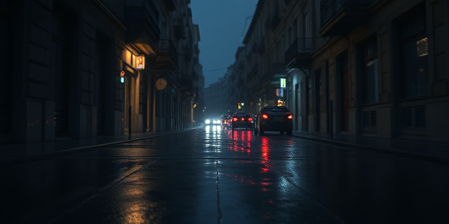 Una calle oscura y húmeda de una ciudad española, con sombras alargadas y un ambiente de tensión. En el suelo, reflejos de luces de neón distorsionadas, como si fueran el filo de un cuchillo. El estilo debe ser cinematográfico, con una paleta de colores fríos y una composición que evoque la sensación de peligro inminente. No incluir rostros.