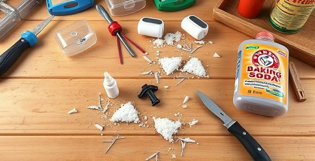 Imagen de una superficie de trabajo con herramientas de reparación y materiales como plástico roto, pegamento y bicarbonato de sodio, mostrando el proceso de mezcla y aplicación en una grieta.