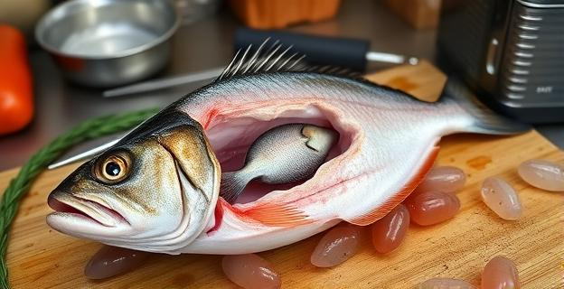 Imagen de un pescado abierto mostrando sus vísceras con larvas de anisakis, sobre un fondo de cocina con utensilios de preparación de pescado.