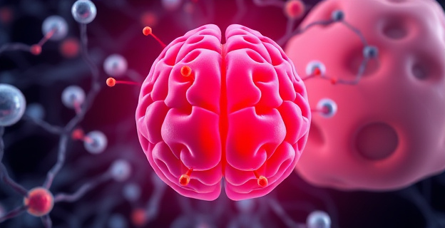 Una ilustración de un cerebro con un freno molecular en el centro, rodeado de neuronas y canales iónicos, con una piel sana y una piel con picor crónico en el fondo