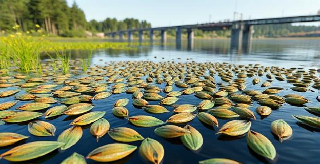 Una imagen de un embalse con mejillones cebra en primer plano y una infraestructura hidráulica al fondo