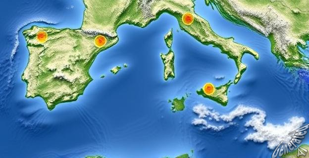 Imagen de un mapa de España con zonas marcadas por oleaje y lluvias intensas, mostrando áreas de alerta naranja y amarilla en la costa noroeste y montañas del norte.
