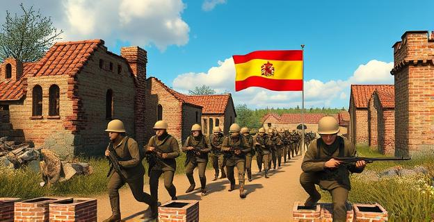 Escena de la Guerra Civil española con soldados del bando nacional avanzando por un pueblo en ruinas, con una bandera española ondeando en el fondo