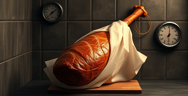 Una imagen de un jamón ibérico siendo envuelto con papel antigrasa, colocado en un ambiente fresco y oscuro, con un termómetro y un higrómetro cercanos indicando las condiciones ideales de conservación.