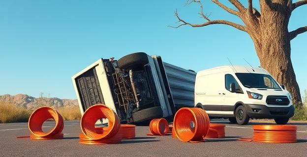 Un camión volcado en una carretera con bobinas de cable de cobre desperdigadas por el suelo, una furgoneta blanca alquilada cerca y un árbol con cuerdas en el tronco.