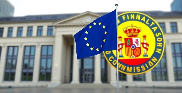 Imagen de un edificio oficial en Bruselas con una bandera de la Unión Europea ondeando, representando la Comisión Europea, con un sello o emblema de España en un segundo plano, simbolizando el conflicto legal entre España y la UE.