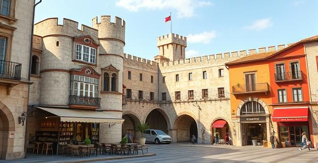 Una imagen de murallas medievales perfectamente conservadas en una ciudad española, con cafeterías y comercios modernos junto a ellas. La escena muestra la integración de la historia en la vida cotidiana.