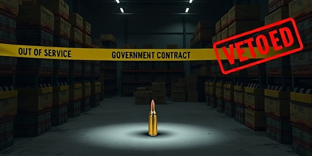 Una imagen conceptual y satírica. Un almacén oscuro y polvoriento lleno de miles de pistolas modernas apiladas en cajas, con una cinta de 