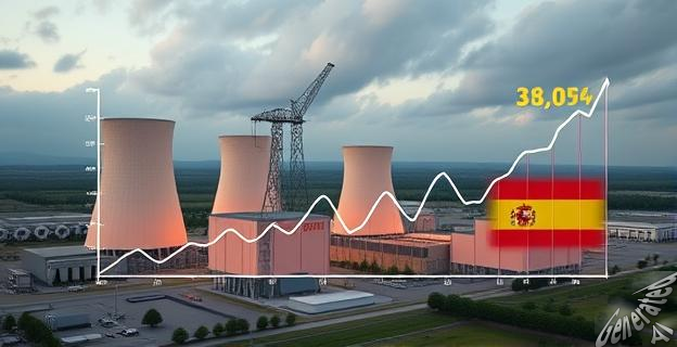 Una imagen de una central nuclear en funcionamiento con una gran torre de enfriamiento y cables de alta tensión en primer plano, con un fondo de montañas y un cielo parcialmente nublado.
