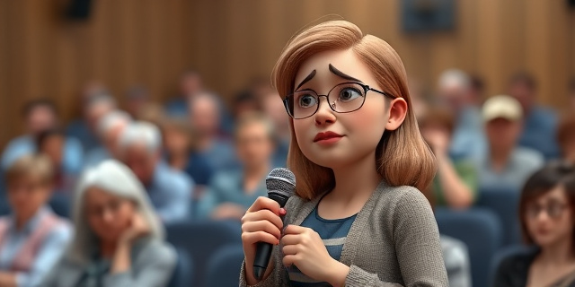 Una mujer con un micrófono en la mano, hablando en un auditorio lleno de personas con discapacidad intelectual, con una expresión de confusión en su rostro