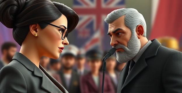 Una mujer política firme y decidida enfrentándose a un famoso cantante masculino en un contexto de lucha feminista y derechos laborales, con un fondo de redes sociales y medios de comunicación