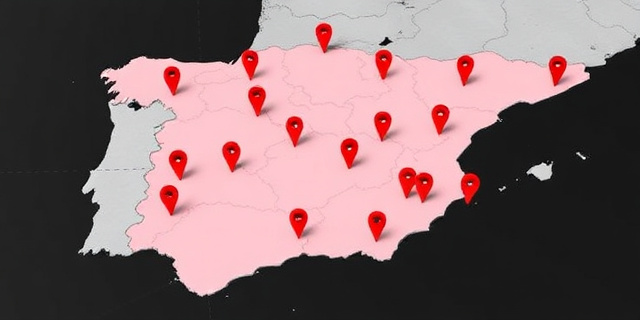 Una imagen de un mapa de España con marcadores rojos en las regiones con mayor proporción de detenidos extranjeros