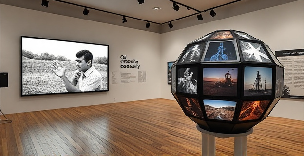 Una sala de exposición con una pantalla mostrando una película en blanco y negro de una comedia rural, junto a una estructura dodecaédrica interactiva que proyecta imágenes relacionadas con el petróleo y el franquismo. Al fondo, textos y gráficos que ilustran el concepto de 