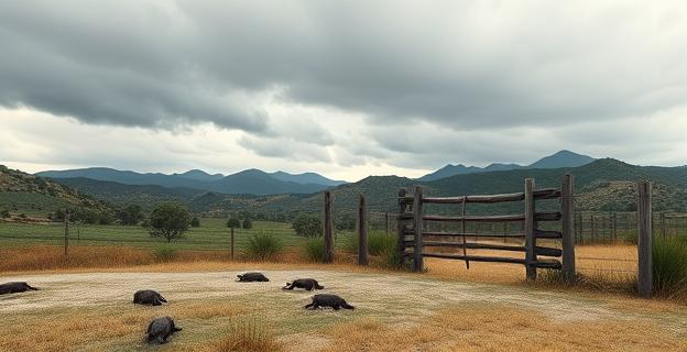 Un paisaje rural catalán, con montañas suaves y vegetación mediterránea, bajo un cielo nublado que presagia malestar. En primer plano, una cerca de madera rota y abandonada, simbolizando el fracaso de proyectos pasados. En el suelo, unas huellas de jabalí que se dirigen hacia un corral vacío, destacando una sensación de ausencia y amenaza invisible. El ambiente es sombrío y desolado.