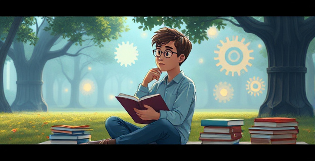 Una ilustración que muestre a una persona sentada en un parque, rodeada de libros y con una expresión pensativa, mientras habla consigo misma internamente. Al fondo, una representación abstracta de engranajes y luces simbolizando la actividad mental intensa.