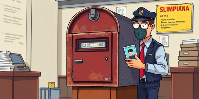 Una ilustración satírica de un buzón de correo antiguo y oxidado que tiene un escáner de huellas dactilares y un guardia de seguridad pidiendo un documento de identidad. Estilo editorial de periódico, colores sobrios con un toque de ironía visual, fondo de oficina burocrática española.