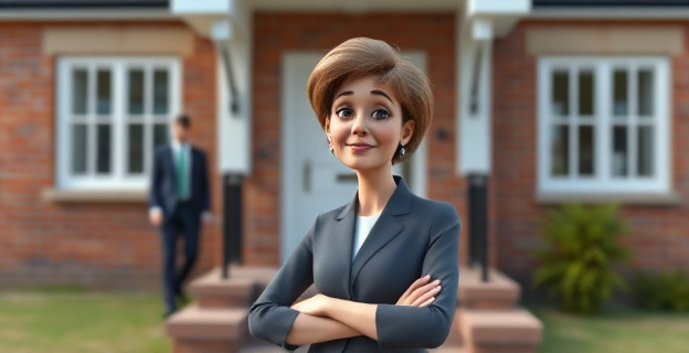 Una mujer política de pie firme frente a su casa, con una expresión de determinación y seguridad. Al fondo, se ve una sombra de hombres que se alejan, representando el acoso que ha sufrido. La escena transmite un mensaje de apoyo y protección.