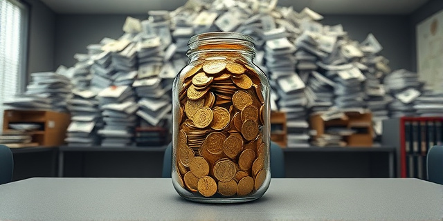 Una ilustración conceptual y satírica. Un gran bote de cristal antiguo lleno de monedas de oro y billetes, colocado sobre un escritorio de oficina gris y aburrido. Detrás, una montaña de miles de papeles y documentos volando como un tornado. Estilo editorial de periódico, colores contrastados, atmósfera de oficina burocrática española.