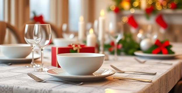Una vajilla brillante y limpia en una mesa navideña con decoraciones festivas