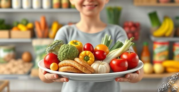 Una imagen de una persona sosteniendo un plato de comida saludable con frutas y verduras frescas, rodeada de alimentos procesados y envasados en el fondo.