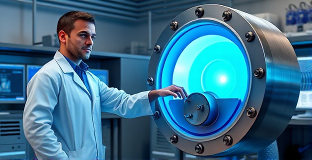 Un hombre caucásico con bata de laboratorio está de pie junto a un dispositivo metálico grande que emite una luz azulada intensa. La habitación está llena de equipo científico y pantallas de computadora. El hombre tiene una expresión de concentración y está ajustando un control en el dispositivo.