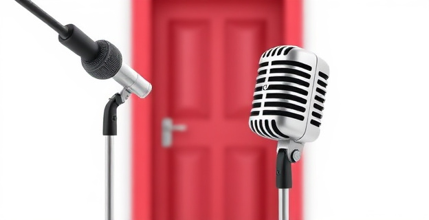 Una imagen que contraste la libertad de expresión con la represión, mostrando un micrófono abierto y una puerta cerrada con rejas al fondo.