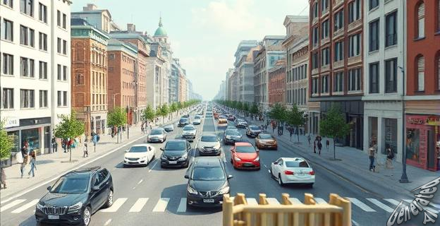 Una ciudad virtual con coches y peatones generándose y desapareciendo según la perspectiva de una cámara virtual