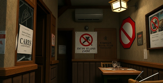 Una taberna con la fachada vandalizada, con cristales rotos y una atmósfera tensa. Al fondo, se ve una pegatina con un mensaje de prohibición de entrada a sionistas. La escena está iluminada por una luz suave que resalta los destrozos.