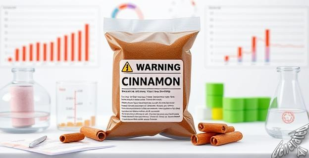 Una imagen de un paquete de canela con una etiqueta de advertencia, rodeado de gráficos de laboratorio y análisis de sustancias.