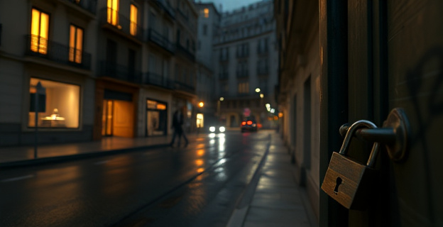 Una escena nocturna en una calle de Madrid con edificios antiguos, luces de neón tenues reflejándose en el asfalto mojado. Varias ventanas de los edificios muestran una luz amarilla cálida, mientras que otras están oscuras, sugiriendo actividad discreta. En un primer plano, un grafiti borroso y un candado roto en una puerta de madera. El ambiente es sombrío pero con un toque de vigilancia. No hay personas. La paleta de colores es oscura con toques de luz.