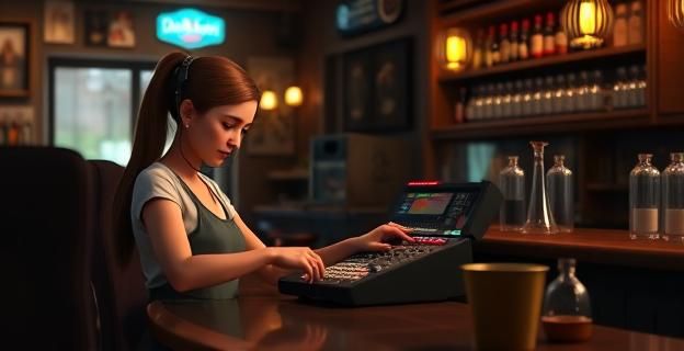 Imagen de una mujer reparando un equipo de música en un bar, con otra mujer en el mostrador, en un ambiente de amistad y sin indicios de relación laboral. El entorno es un bar con ambiente acogedor.