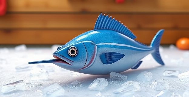 Imagen de un pescado azul con cuerpo alargado y morro puntiagudo, sobre una superficie de hielo en un mercado de pescado, con un fondo de tablas de madera
