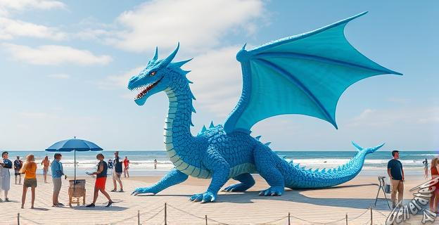 imagen de un dragón azul en la playa de Santa Bárbara con personas alrededor