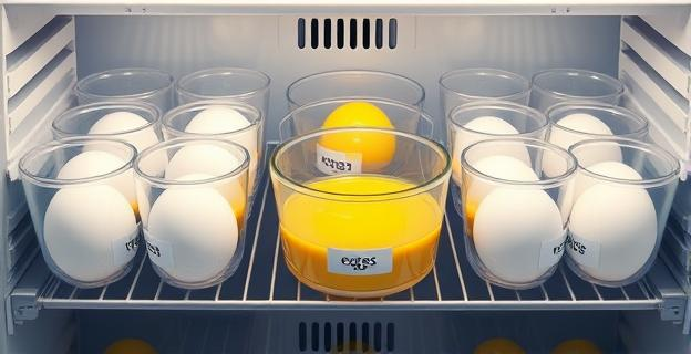 Imagen de un congelador con recipientes de cristal etiquetados conteniendo huevos batidos y separados en yemas y claras