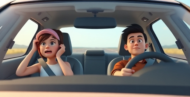 Una imagen de un coche en movimiento con un pasajero mareado en el asiento trasero y otro conduciendo tranquilo en el asiento delantero, con el horizonte visible a través del parabrisas.