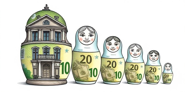 Una ilustración satírica estilo caricatura editorial. Una serie de muñecas rusas (matrioskas) hechas de billetes de euro y papeles oficiales con sellos gubernamentales. La muñeca más grande es un edificio ministerial y la más pequeña es una oficina vacía. Fondo blanco, trazos negros fuertes, colores sobrios con acentos en verde dinero.