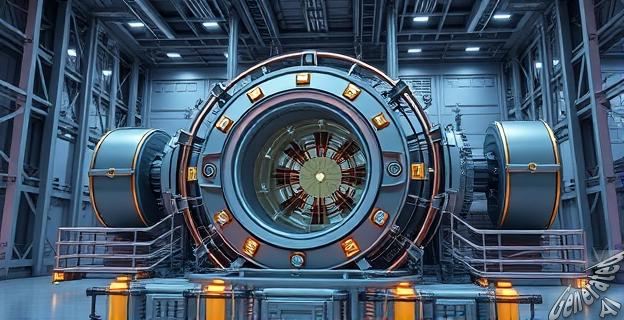 Una imagen de un gran reactor de fusión nuclear con una cámara de vacío gigante y sistemas de refrigeración avanzados.